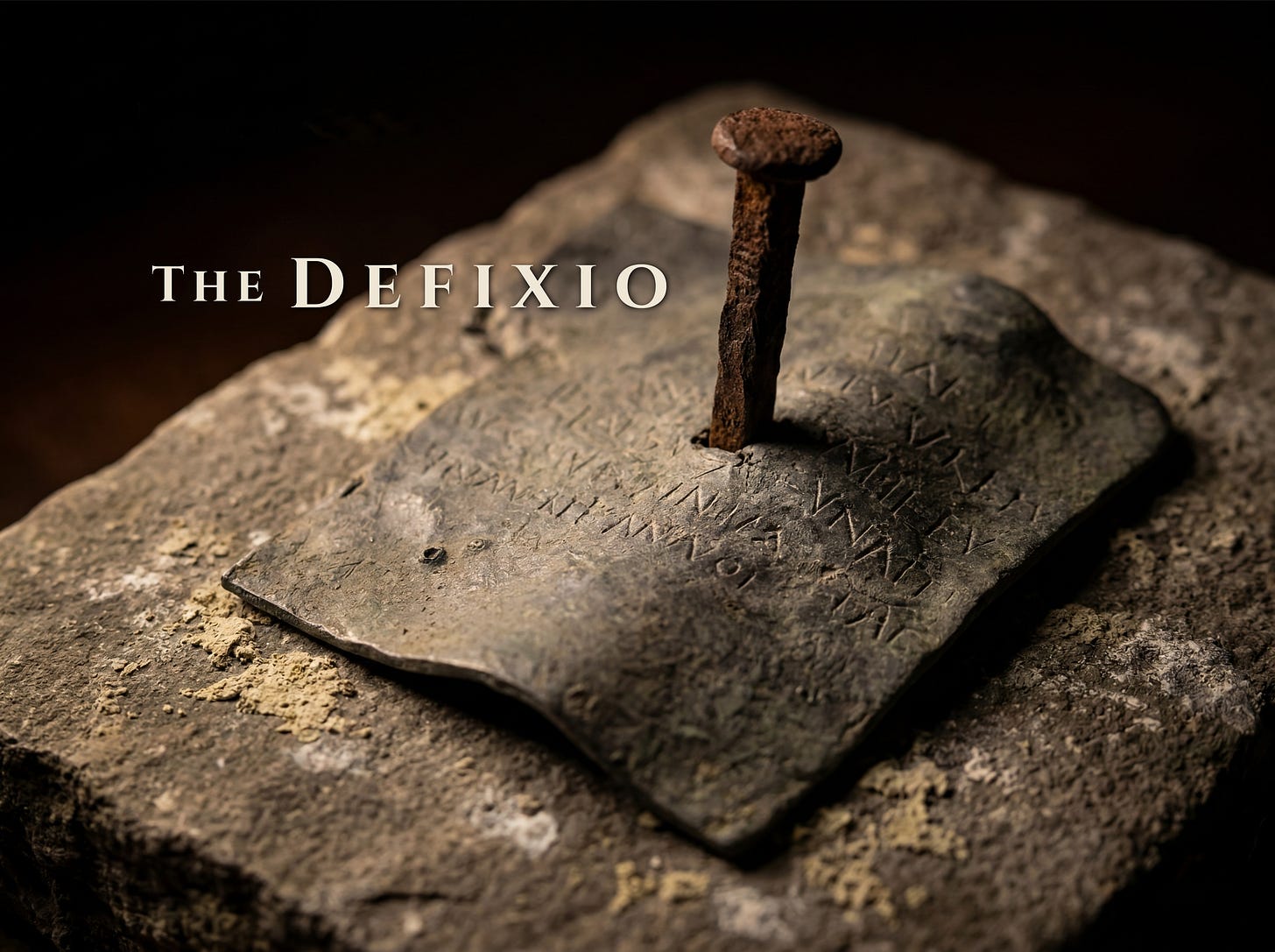 A rusted iron nail driven through an ancient, inscribed lead curse tablet, known as a defixio. The tablet rests on a rough, weathered stone against a dark, moody background, serving as the title art for the dark historical fiction serial, The Defixio.