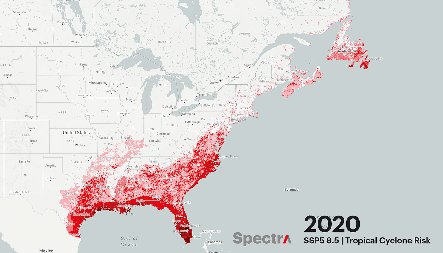 Spectra showcasing the evolution of Tropical Cyclone risk in the United States East Coast for the SSP5-8.5.