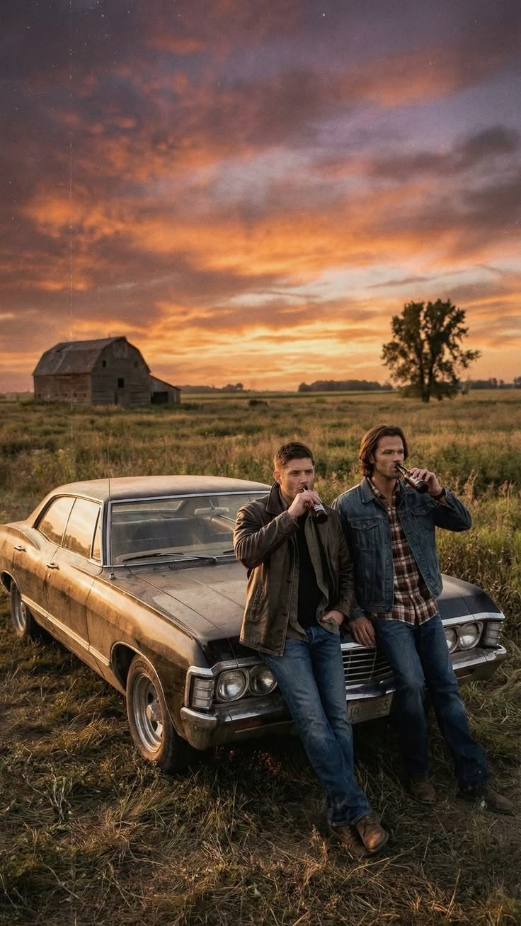 This may contain: two young men sitting on the hood of a car in a field at sunset with an old barn in the background