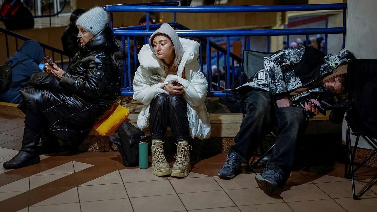 People take shelter inside a metro station in Kyiv during Russia's overnight attack. People take shelter inside a metro station in Kyiv during Russia's overnight attack.