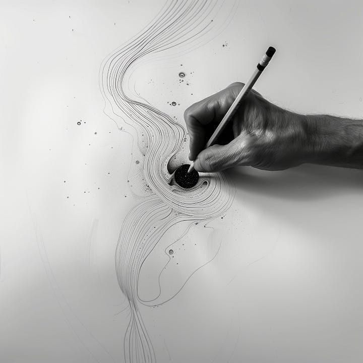 Various images of a hand drawing holes in the universe