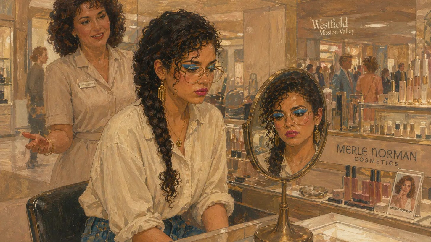 Young Mexican America woman sits at a cosmetics counter looking at her reflection in a mirror, appearing uncertain, while a store employee gestures behind her in a busy mall setting.