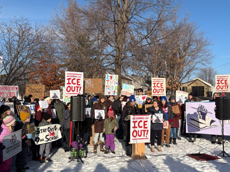 Natasha Dockter, a social studies teacher in Minneapolis and MFE’s First Vice President, told the crowd, “Let me be very, very clear, immigration enforcement should never under any circumstances be on school grounds.”