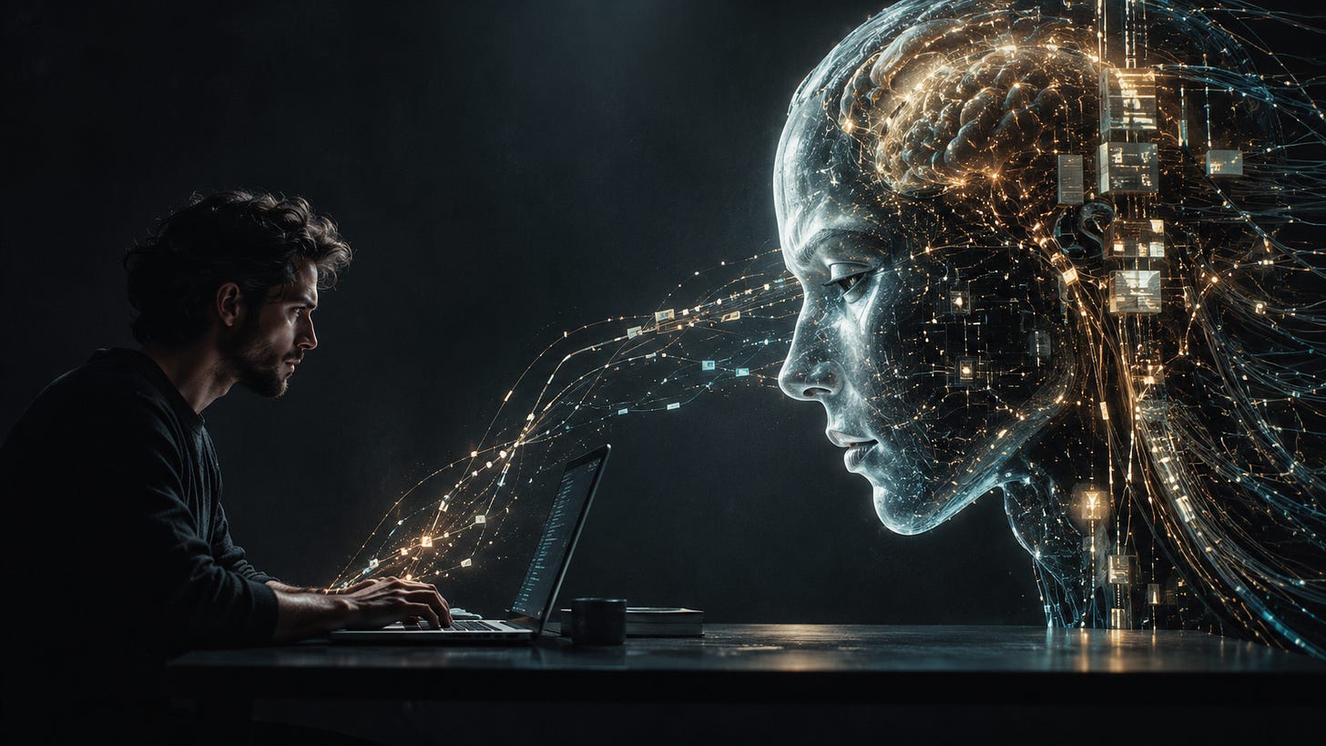 Software developer interacting with an artificial intelligence system, symbolizing the shift from programming machines to directing AI agents.