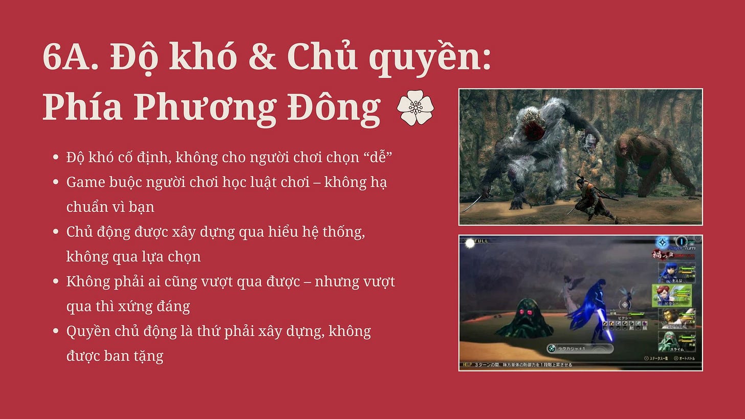 May be an image of 2 people and text that says '6A. Độ khó & Chủ quyền: Phía Phương Đông Độ khó CỐ định, không cho người chơi chọn "dễ" Game buộc người chơi học luật chơi- -không hạ chuẩn vì bạn •Chủ động được xây dựng qua hiếu hệ thống, không qua lựa chọn Không phải ai cũng vượt qua được- nhưng vượt qua thì xứng đáng Quyền chủ động là thứ phải xây dựng, không được ban tặng G 스간하의로소크 NE 材石通市区茶屋力を1月能上業きける' May be an image of 2 people and text that says '6A. Độ khó & Chủ quyền: Phía Phương Đông Độ khó CỐ định, không cho người chơi chọn "dễ" Game buộc người chơi học luật chơi- -không hạ chuẩn vì bạn •Chủ động được xây dựng qua hiếu hệ thống, không qua lựa chọn Không phải ai cũng vượt qua được- nhưng vượt qua thì xứng đáng Quyền chủ động là thứ phải xây dựng, không được ban tặng G 스간하의로소크 NE 材石通市区茶屋力を1月能上業きける'