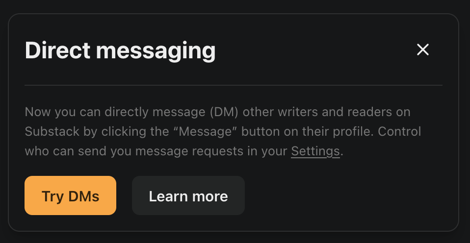 Direct messaging update screenshot from Substack
