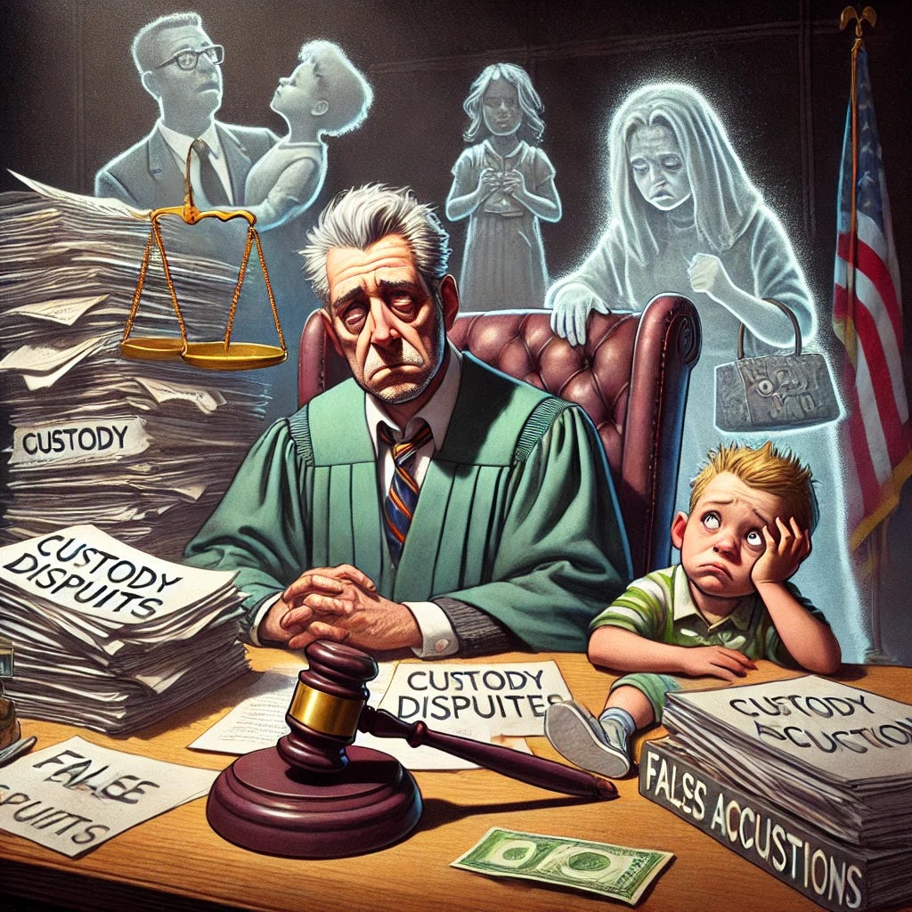 A satirical illustration depicting a weary family court judge sitting at a cluttered desk piled with files labeled 'Custody Disputes' and 'False Accusations.' The judge looks disheveled and apathetic, holding a gavel in one hand and a wad of cash in the other. In the background, ghostly images of families torn apart hover around him, along with a younger version of the judge holding a toy gavel, looking disappointed. The setting is a dimly lit courtroom with an air of irony, blending humor and sadness.
