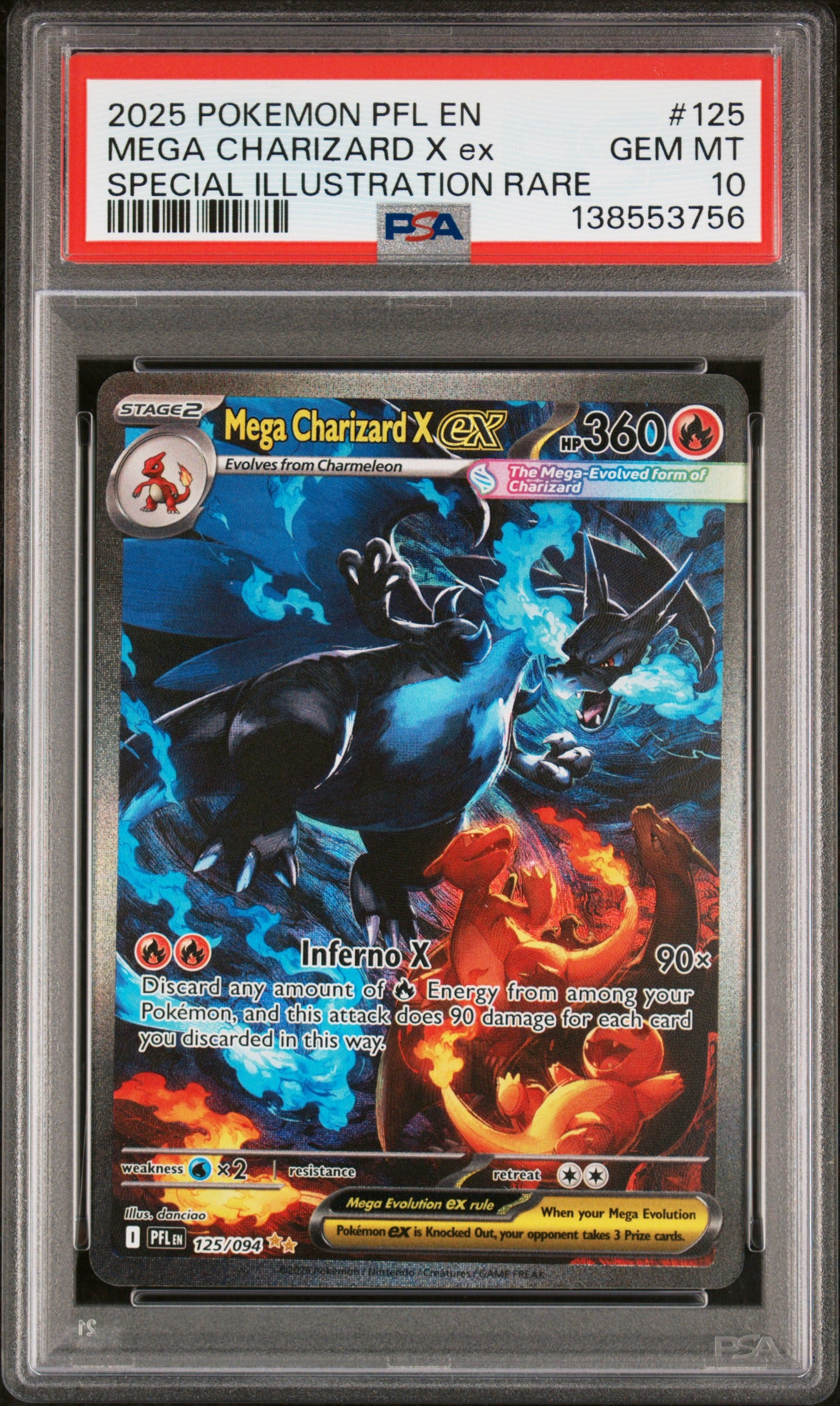 2025 Mega Charizard X ex PSA 10 with clear slant. 2025 Mega Charizard X ex PSA 10 with clear slant.
