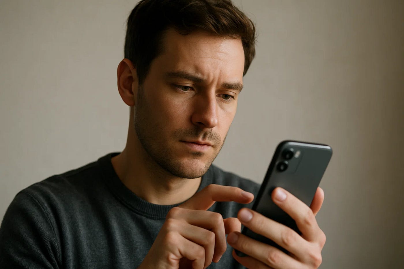 A man in a dark sweater holds his smartphone and pauses, his finger hovering just above the screen. His expression is focused and slightly tense, as if he’s reading a difficult message or taking a moment before responding. The image captures a quiet, emotionally charged pause in decision-making or reflection.