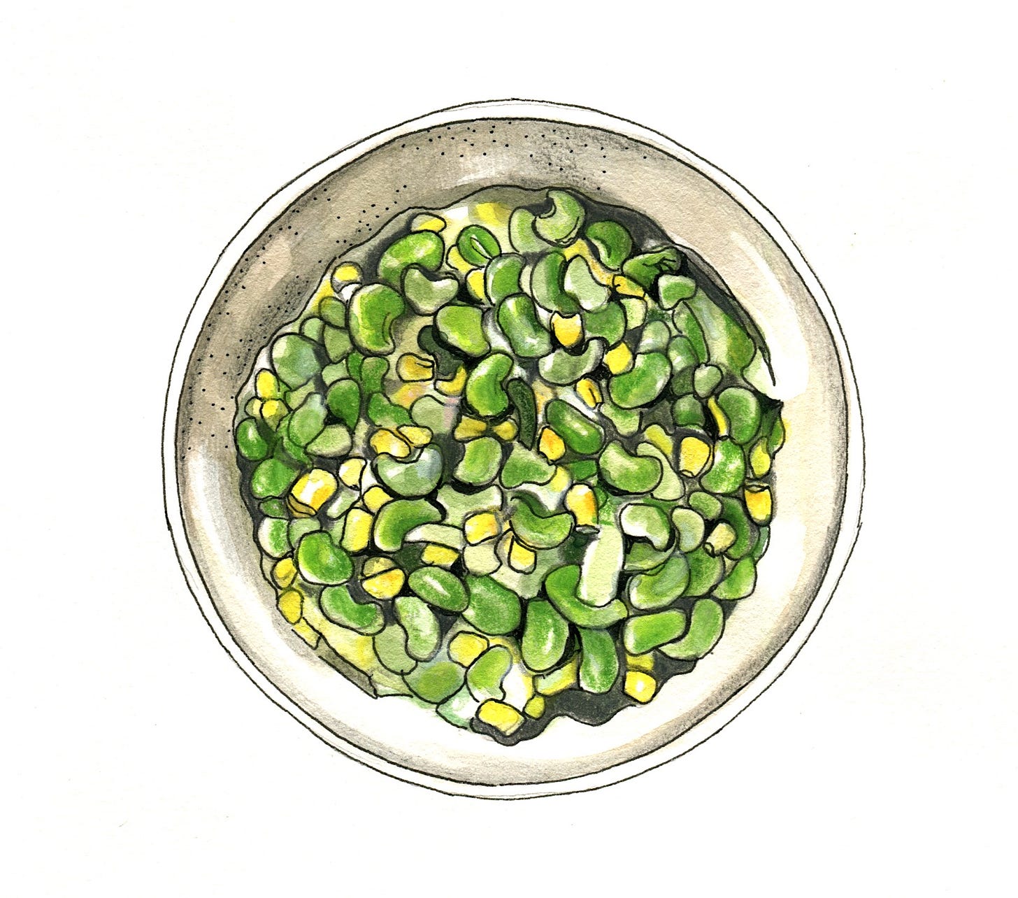 watercolor painting of a bowl of succotash, lots of green lima beans and bright yellow kernels of corn watercolor painting of a bowl of succotash, lots of green lima beans and bright yellow kernels of corn