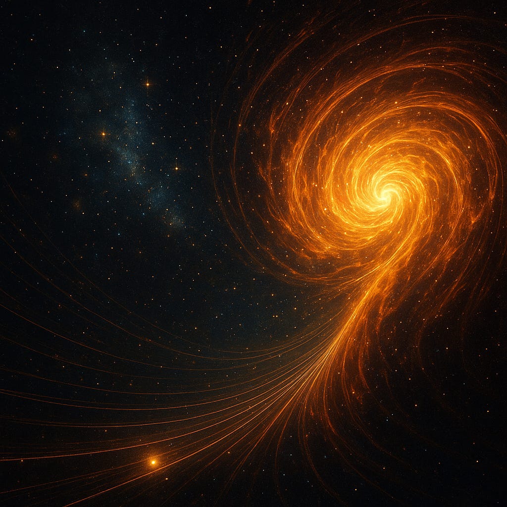 A cosmic digital artwork showing a swirling golden plasma vortex radiating through space. Fine glowing threads extend from a small bright point into the vast spiral, symbolising the meeting of the finite and the infinite. The left side fades into deep star-filled darkness, while the right burns with radiant fiery light, capturing the interplay of boundary and flow across the universe.