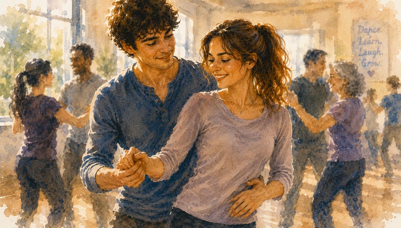 Young man and woman learn a new dance step together in a beginner dance class, smiling and growing through new experiences.