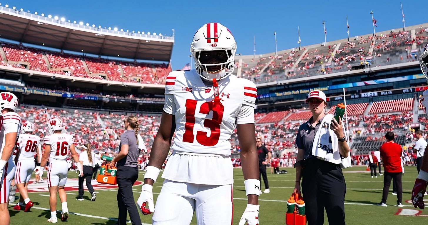 Wisconsin Badgers wide receiver Eugene Hilton Jr. on the field in Tuscaloosa. Photo credit: UW Athletics.