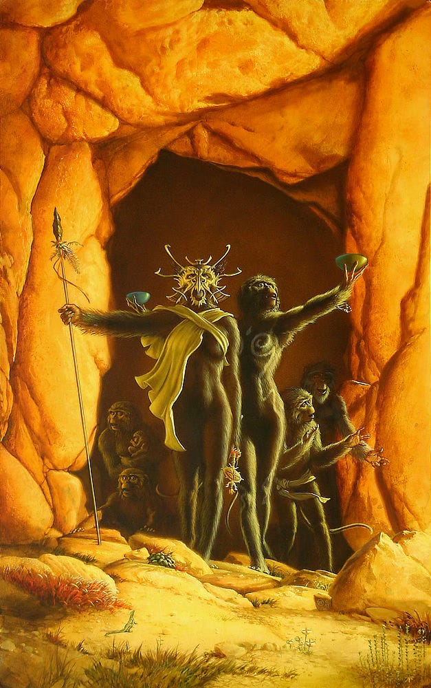 A tribe of ape-like people tentatively emerges from the darkness of a cave. With mouths agape, many cower in the shadows. One mother clutches her young, curled up in her arms. Standing tall at their forefront is a female holding a spear with a stone chipped head and a ribbon trailing down the shaft. The curves of her hips and round of her breasts mark her gender as female. An ornate helm with tendrils sweeping off covers her face. The nostril holes are set wide and a sharp beak descends over her muzzle. A long white sash crosses over her chest. Behind her another prominent figure, this one with white patterns painted on its fur, heralds her arrival. It bears a bowl in each hand in outstretched arms. A air of reverence lights its eyes. A tribe of ape-like people tentatively emerges from the darkness of a cave. With mouths agape, many cower in the shadows. One mother clutches her young, curled up in her arms. Standing tall at their forefront is a female holding a spear with a stone chipped head and a ribbon trailing down the shaft. The curves of her hips and round of her breasts mark her gender as female. An ornate helm with tendrils sweeping off covers her face. The nostril holes are set wide and a sharp beak descends over her muzzle. A long white sash crosses over her chest. Behind her another prominent figure, this one with white patterns painted on its fur, heralds her arrival. It bears a bowl in each hand in outstretched arms. A air of reverence lights its eyes.