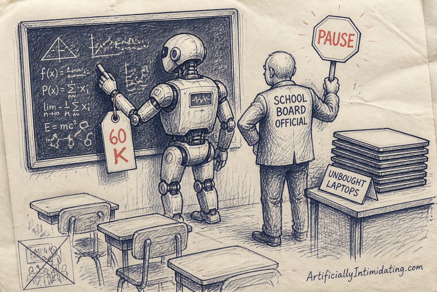 Editorial cartoon: a humanoid classroom robot stands frozen at a chalkboard with a price tag reading 60K hanging from its arm, while a school official holds up a PAUSE sign beside rows of empty desks.