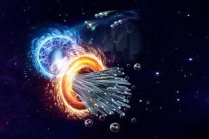 Scientists have devised a strategy for converting carbon dioxide (CO2) from the atmosphere into valuable carbon nanofibers. The process uses tandem electrocatalytic (blue ring) and thermocatalytic (orange ring) reactions to convert the CO2 (teal and silver molecules) plus water (purple and teal) into "fixed" carbon nanofibers (silver), producing hydrogen gas (H2, purple) as a beneficial byproduct. The carbon nanofibers could be used to strengthen building materials such as cement and lock away carbon for decades.