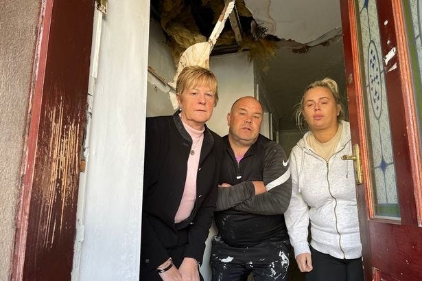 MP Maureen Burke and Denmilne Community Action Group members Dennis Docherty and Patricia Gowans visited the Lochdochart Road flat after the ceiling collapsed. Image: LDRS MP Maureen Burke and Denmilne Community Action Group members Dennis Docherty and Patricia Gowans visited the Lochdochart Road flat after the ceiling collapsed. Image: LDRS