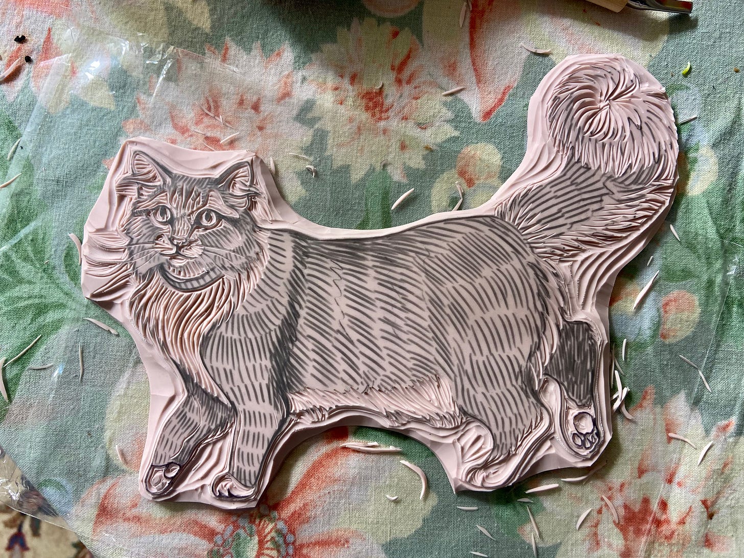 Carved rubber stamp of a fluffy cat