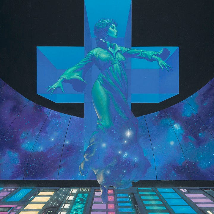 LEFT: Detail from THE GAMEPLAYERS OF ZAN featuring a woman floating with ethereal grace over an infinite control panel lit with a rainbow of colors. Immediately behind her a series of boxes rotates to form a t-shape. RIGHT: Figure detail from THE GAMEPLAYERS OF ZAN featuring a woman floating over an infinite control panel lit with a rainbow of colors. Her gown is pure 70s science fiction wardrobe with exaggerated collar and bell shaped sleeves. Stars bleed through from the background in the shadows of her dress.