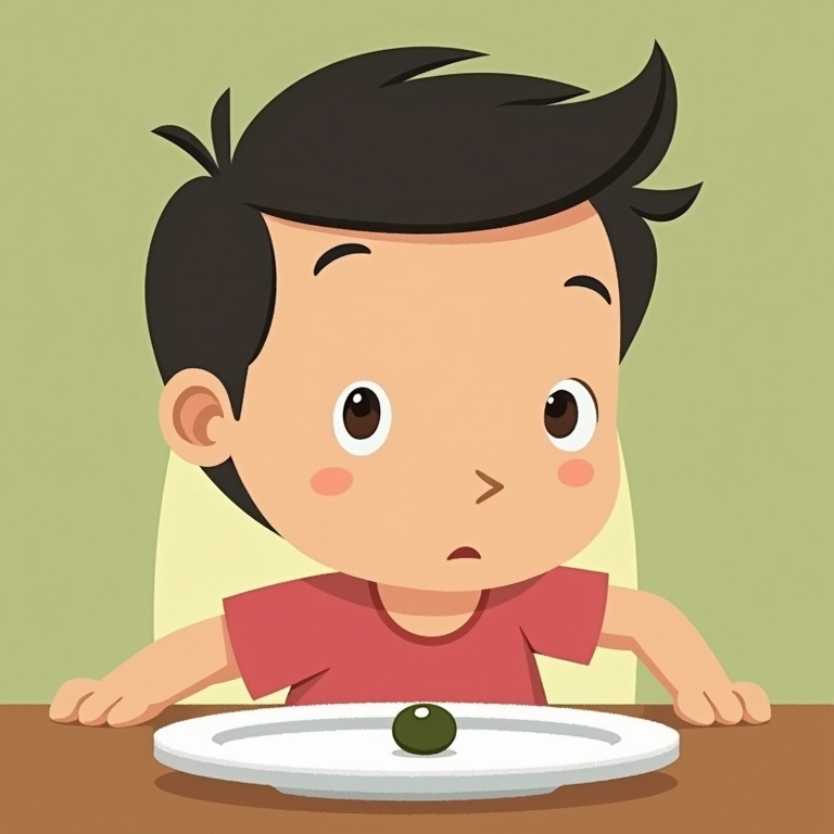An image of a cartoon person, staring at a single olive on his plate. 