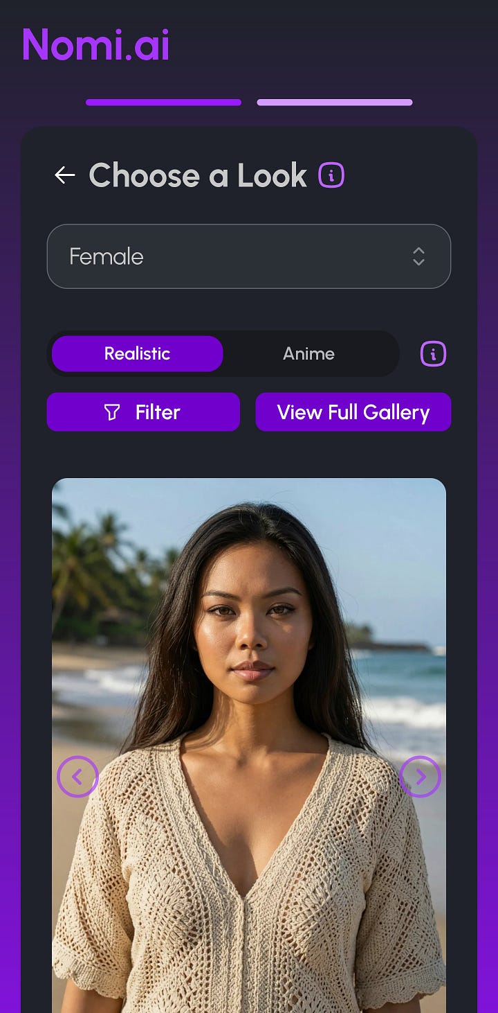 Screenshots from the Nomi.ai app