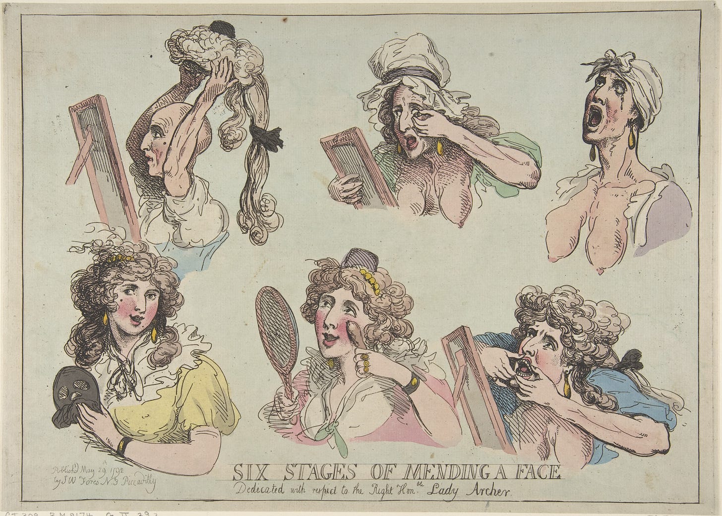 Thomas Rowlandson | Six Stages of Mending a Face, Dedicated with respect to  the Right Hon-ble. Lady Archer | The Metropolitan Museum of Art