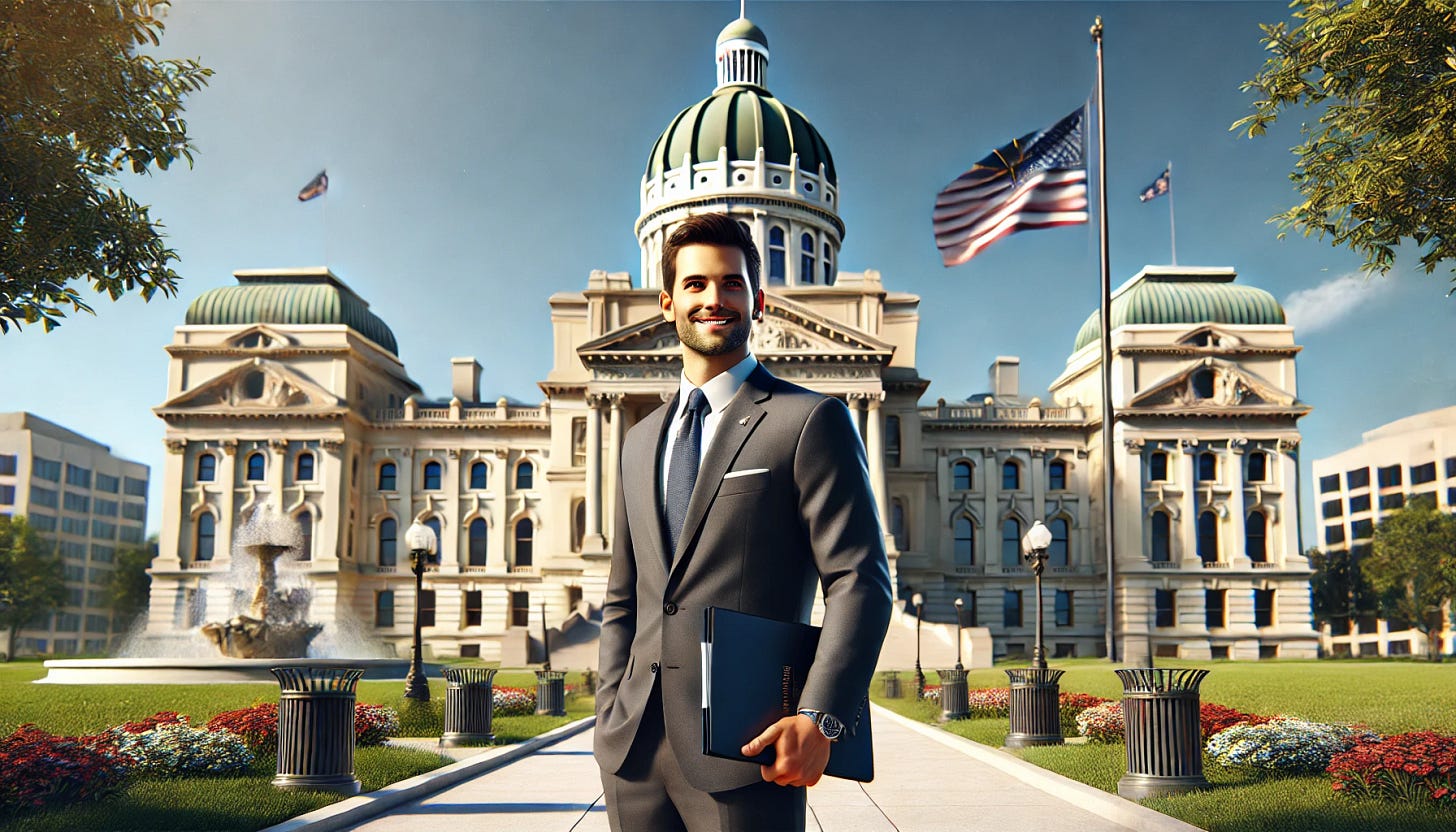 A realistic depiction of the Indiana Governor standing outside the Indiana State Capitol building. The Governor is wearing a formal suit, holding a document folder, and smiling confidently. The backdrop features the majestic architecture of the Indiana State Capitol, with its grand dome, tall columns, and manicured lawns. The lighting is bright and sunny, creating a vibrant atmosphere with shadows cast from nearby trees. The scene reflects professionalism and a sense of leadership. Created using: photorealistic detailing, natural light effects, intricate architectural detailing, vibrant colors, realistic textures, dynamic perspective, historical accuracy, and high-definition quality --ar 16:9.