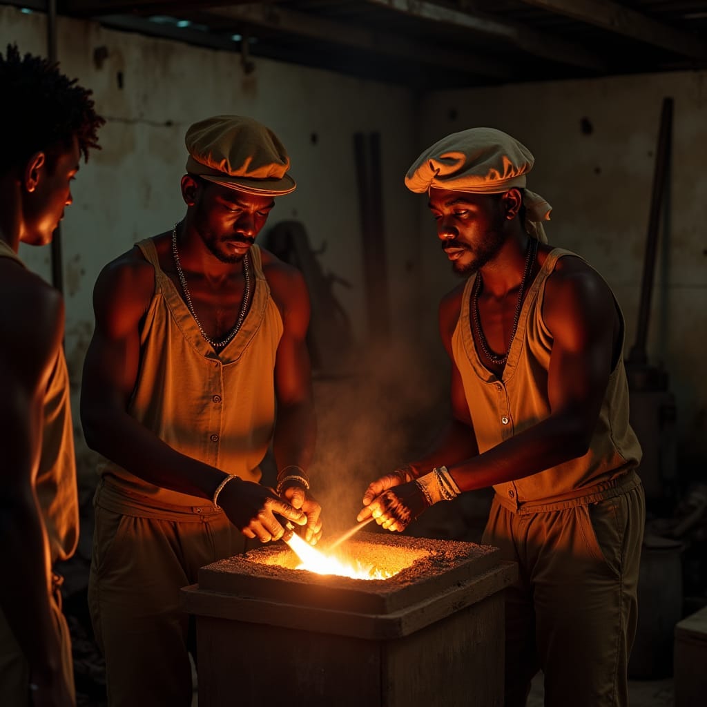 18th-century Jamaican foundry workers in worn, earth-toned clothing, hammering away at glowing hot metal, amidst a bustling Morant Bay foundry, pioneers a groundbreaking technique for mass-producing wrought iron from scrap iron, as sunlight filters through the thatched roof, casting dramatic shadows, in a warm, golden light