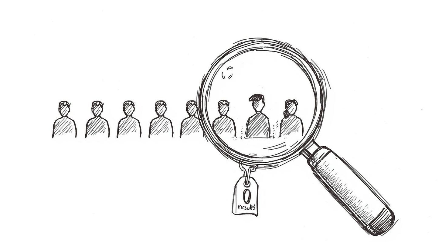 A magnifying glass slides past a person-shaped empty slot labeled zero results.