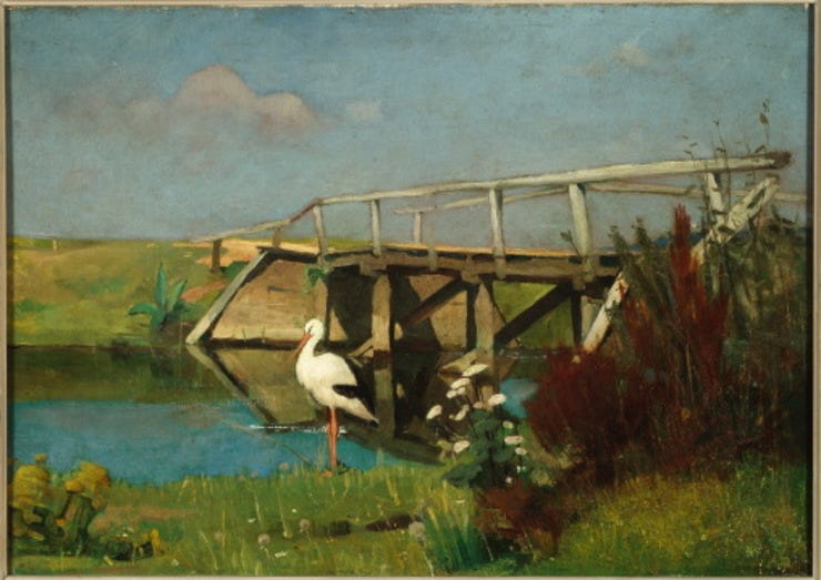 'Landschap met ooievaar' - olieverf op paneel: Piet Meiners (herkomst: coll. Museum Gouda) 