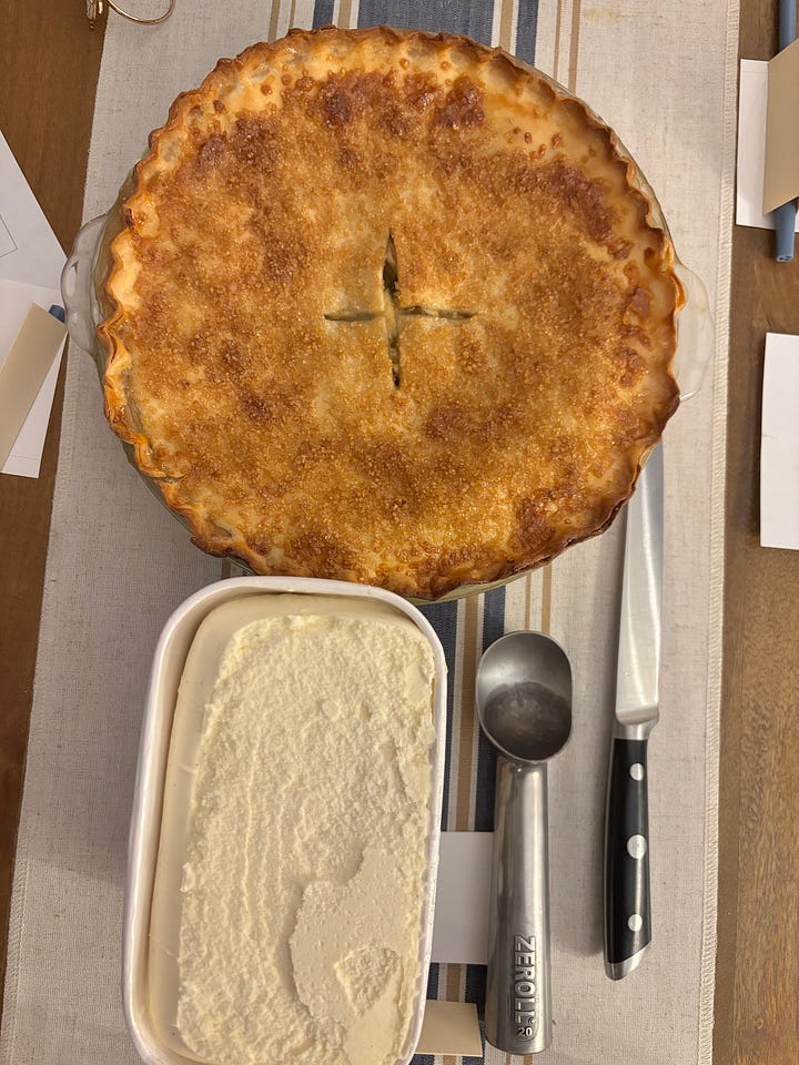 Preparing the pie's crimped edges, and the final golden brown masterpiece