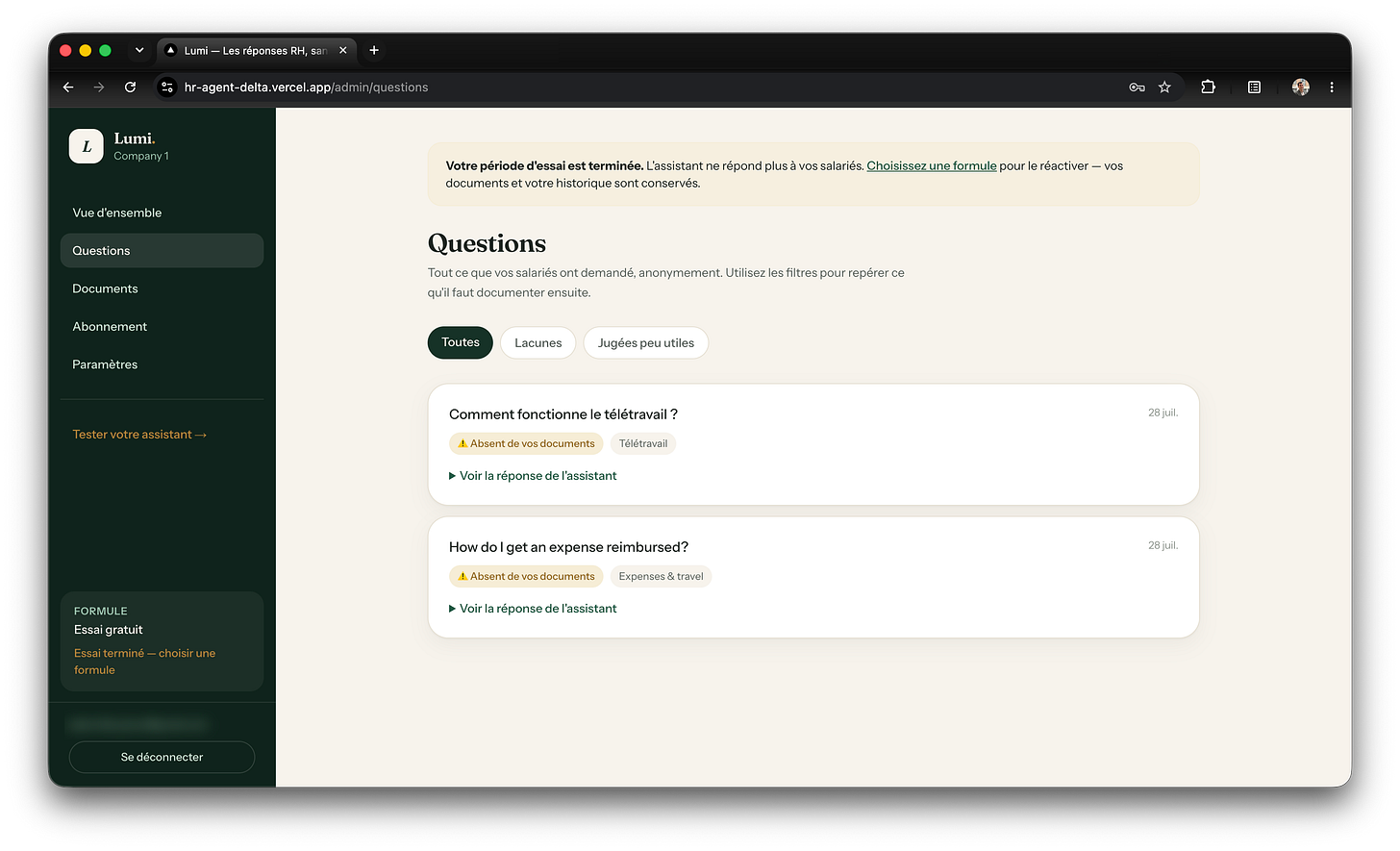 The Lumi HR admin page "Questions", with filters for all questions, gaps and unhelpful answers, listing two questions asked on 28 July, one about remote work and one about expenses, each tagged "Absent de vos documents" and with a topic, and a link to see the assistant's answer. A banner at the top says the free trial has ended. The Lumi HR admin page "Questions", with filters for all questions, gaps and unhelpful answers, listing two questions asked on 28 July, one about remote work and one about expenses, each tagged "Absent de vos documents" and with a topic, and a link to see the assistant's answer. A banner at the top says the free trial has ended.