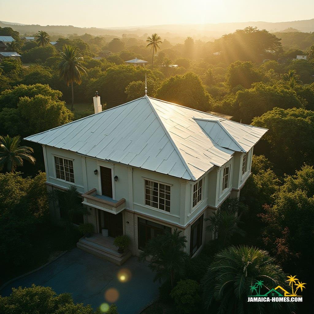 Roof Insulation and Heat-Reflective Paint: A wide shot of a home with a newly painted roof featuring reflective coatings. Show the sunlight bouncing off the roof, emphasizing the cooling effect. The home could be surrounded by lush Jamaican greenery.