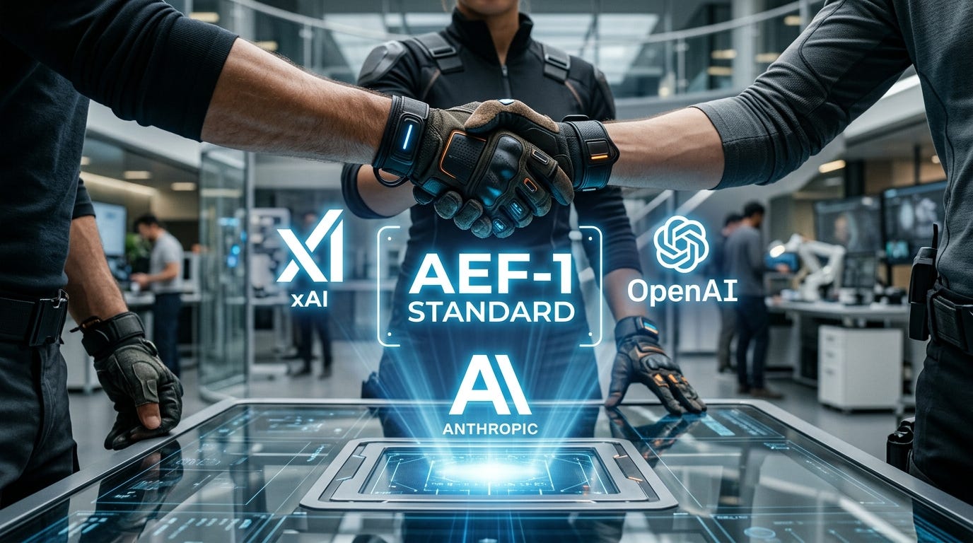  Ba bàn tay đeo găng tay công nghệ cao cùng bắt tay phía trên một màn hình ba chiều hiển thị chữ "AEF-1 STANDARD" và logo của ba công ty.