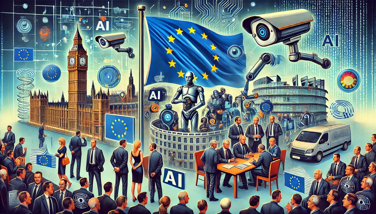 A banner depicting the EU tightening its grip on AI with a focus on competition and oversight. The scene features the EU flag prominently, with symbols of AI and technology. Diverse figures representing regulators and industry leaders are engaged in a discussion or oversight activities. The background includes elements like surveillance cameras, data networks, and European landmarks such as the European Parliament building. The atmosphere is serious and focused, symbolizing strict regulation and competitive environment.