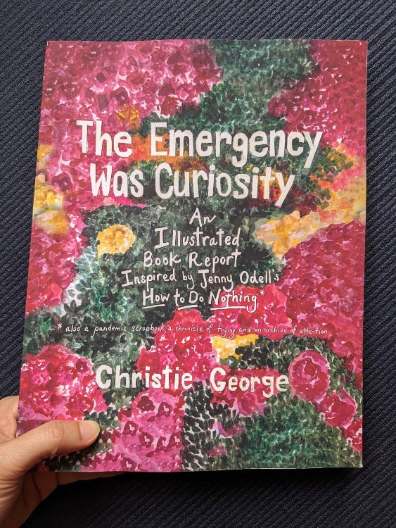 Photo of Christie George's book, The Emergency was Curiosity: An illustrated book report inspired by Jenny Odell's How to Do Nothing Photo of Christie George's book, The Emergency was Curiosity: An illustrated book report inspired by Jenny Odell's How to Do Nothing