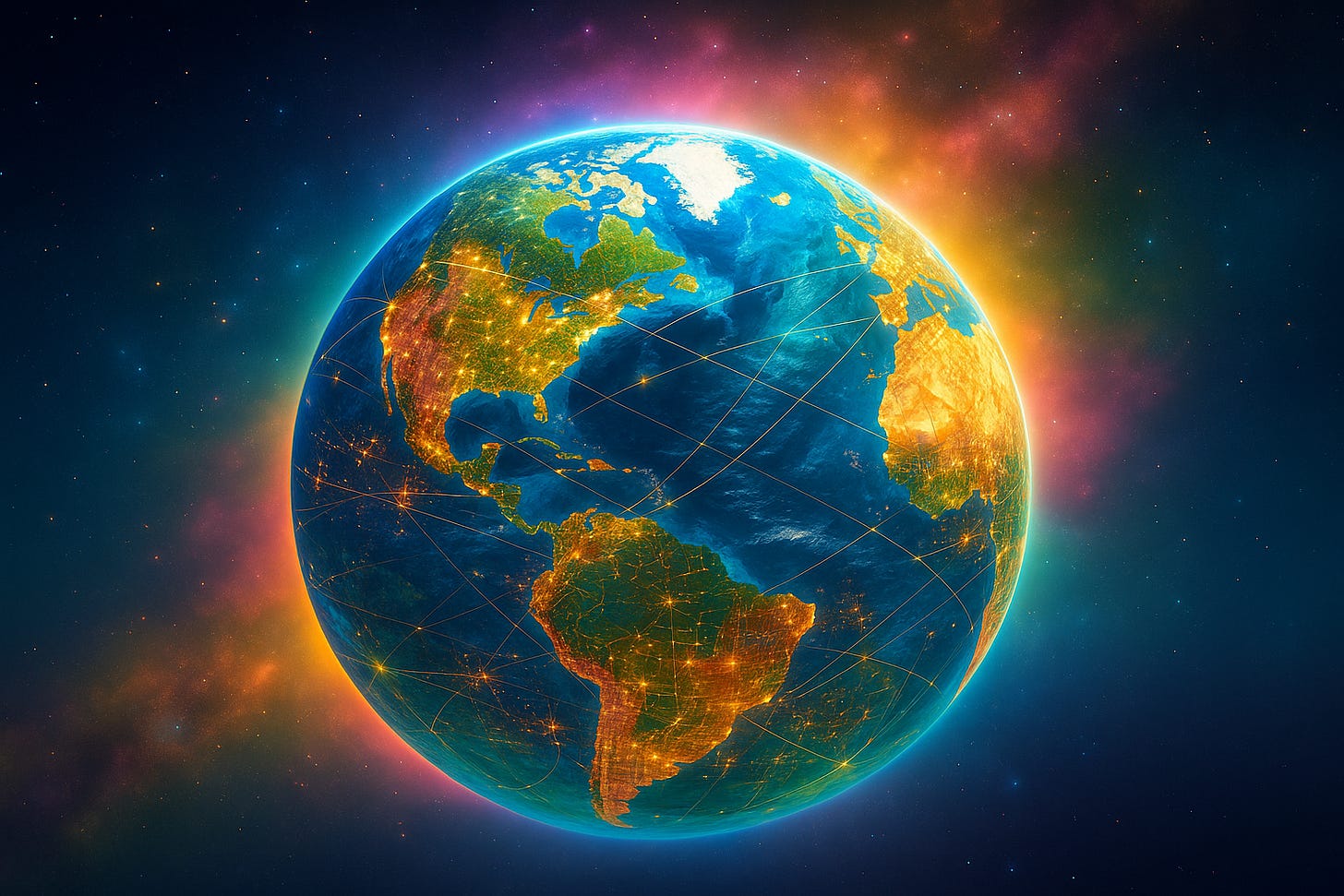 A colorful digital artwork of Earth seen from space, glowing with bright blues, greens, and golden city lights across the continents, connected by luminous arcs. A radiant aura of pink, orange, and green surrounds the planet against a starry cosmic background, symbolizing humanity’s shared home and global connection.