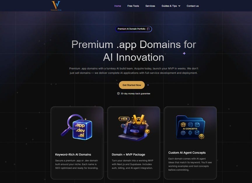 visionvix home page showing .dev and .app domain marketplace visionvix home page showing .dev and .app domain marketplace