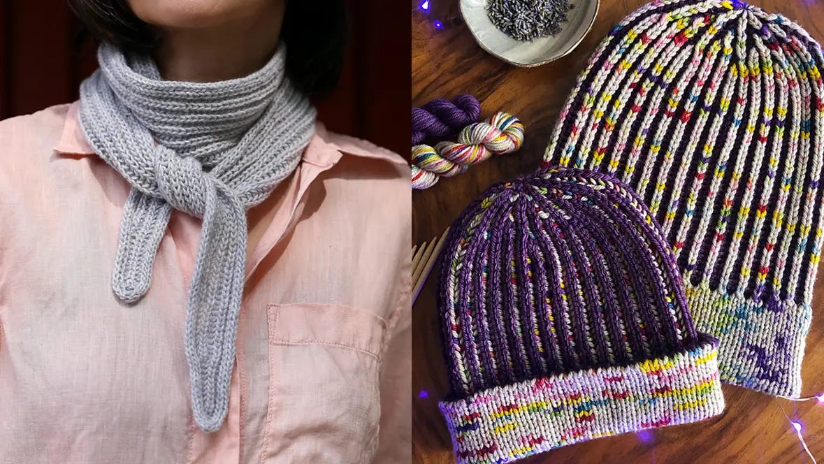on the left, woman wearing a pink shirt and a grey scarf; on the right, two  knitted hats, one is purple and the other is grey with colorful speckles