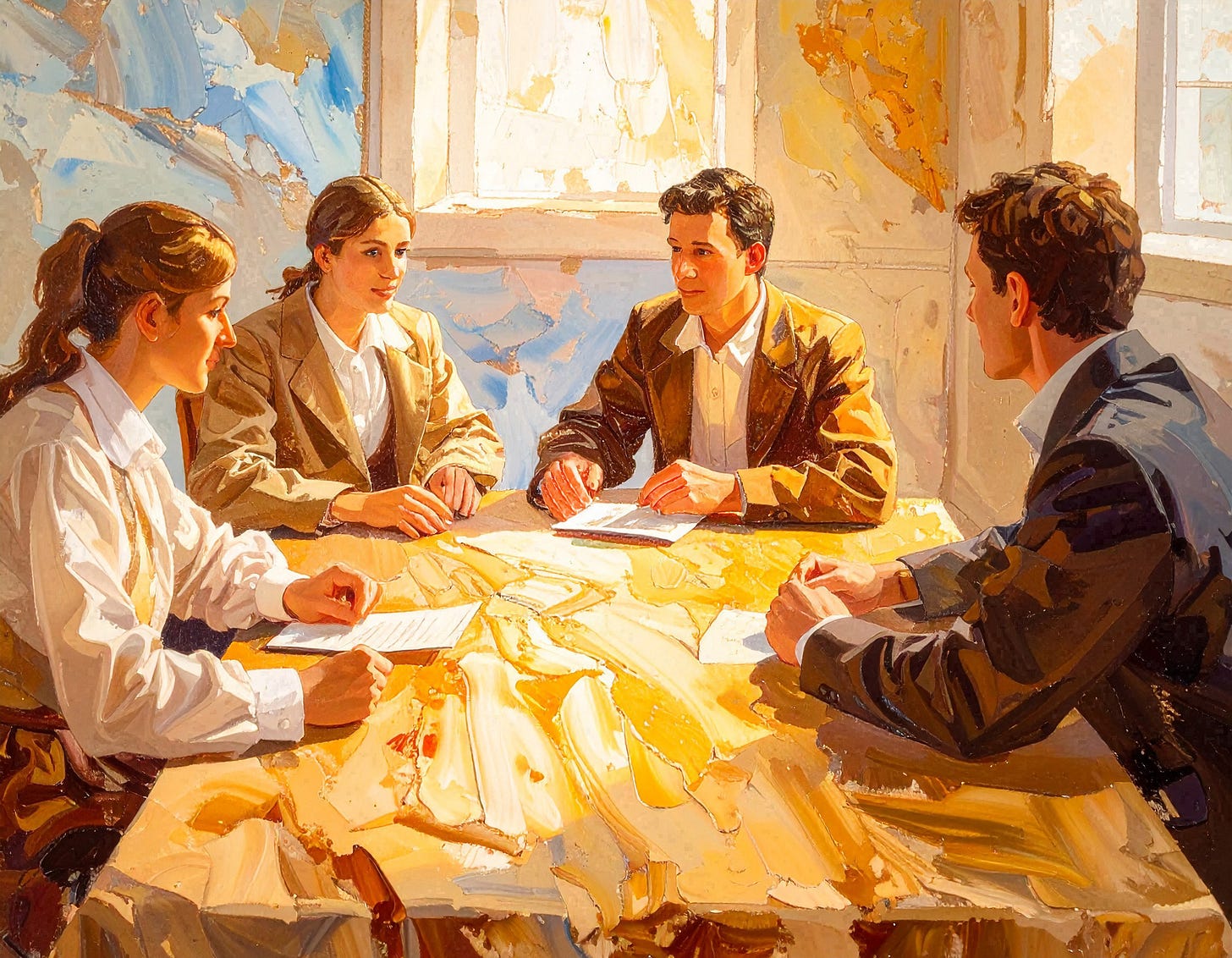 This is an AI-generated image of employees at a meeting.