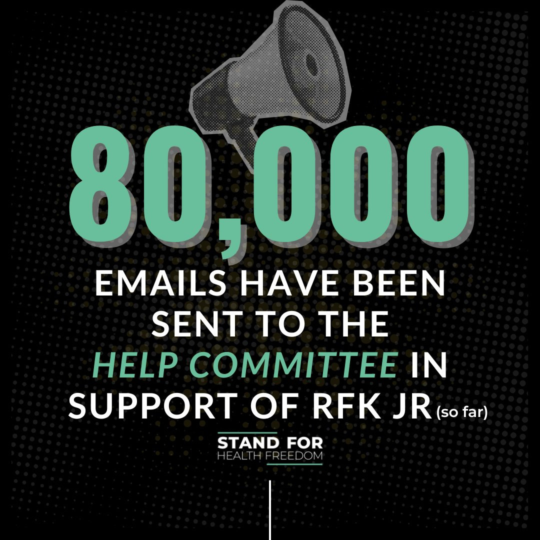 A black background with a grayscale megaphone graphic at the top. Green text displays "80,000" in large numbers, followed by smaller text reading "Emails have been sent to the Help Committee in support of RFK Jr (so far)". The Stand for Health Freedom logo is visible at the bottom. A black background with a grayscale megaphone graphic at the top. Green text displays "80,000" in large numbers, followed by smaller text reading "Emails have been sent to the Help Committee in support of RFK Jr (so far)". The Stand for Health Freedom logo is visible at the bottom.