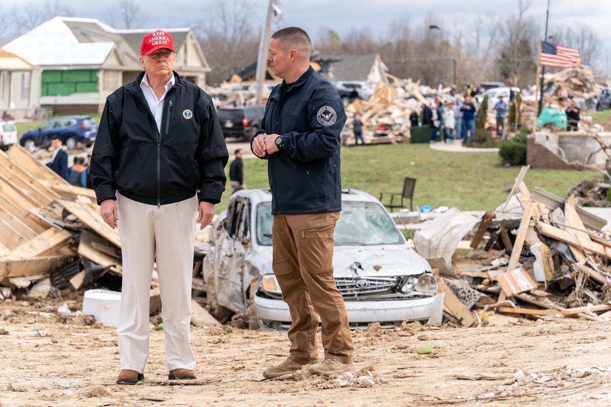 President Donald J. Trump surveys the damage to a tornado ravaged neighborhood in Cookeville, Tenn., Friday, March 6, 2020, where a tornado struck early on Tuesday March 3rd killing 18 of the 24 people killed in central Tennessee. (Official White House Photo by Shealah Craighead) President Donald J. Trump surveys the damage to a tornado ravaged neighborhood in Cookeville, Tenn., Friday, March 6, 2020, where a tornado struck early on Tuesday March 3rd killing 18 of the 24 people killed in central Tennessee. (Official White House Photo by Shealah Craighead)