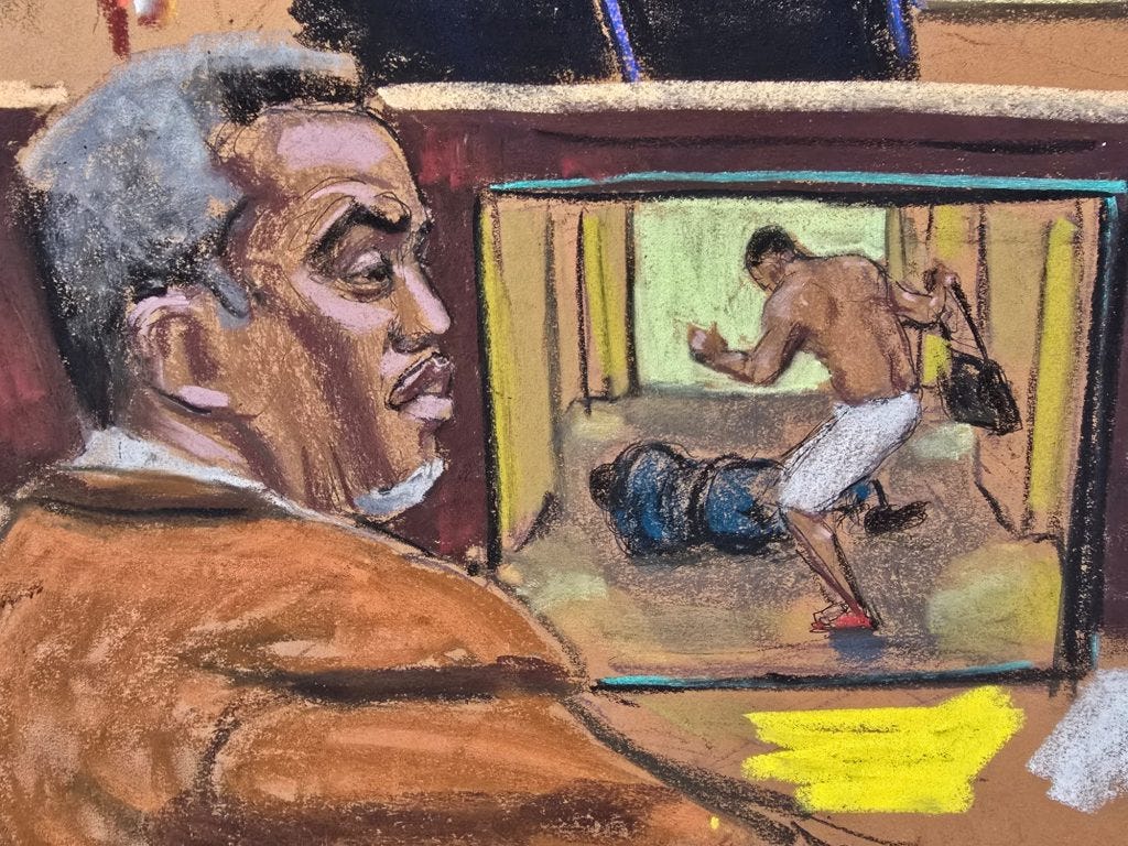 Illustration of Sean "Diddy" Combs watching a courtroom sketch depicting a man assaulting another man.