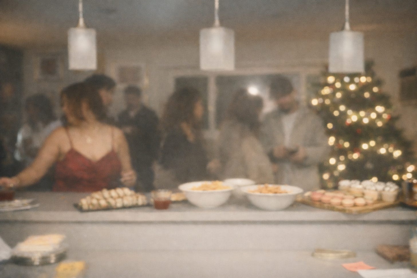 Softly blurred kitchen gathering with guests around an island, pendant lights overhead, shared food on the counter, and a lit tree glowing in the background.