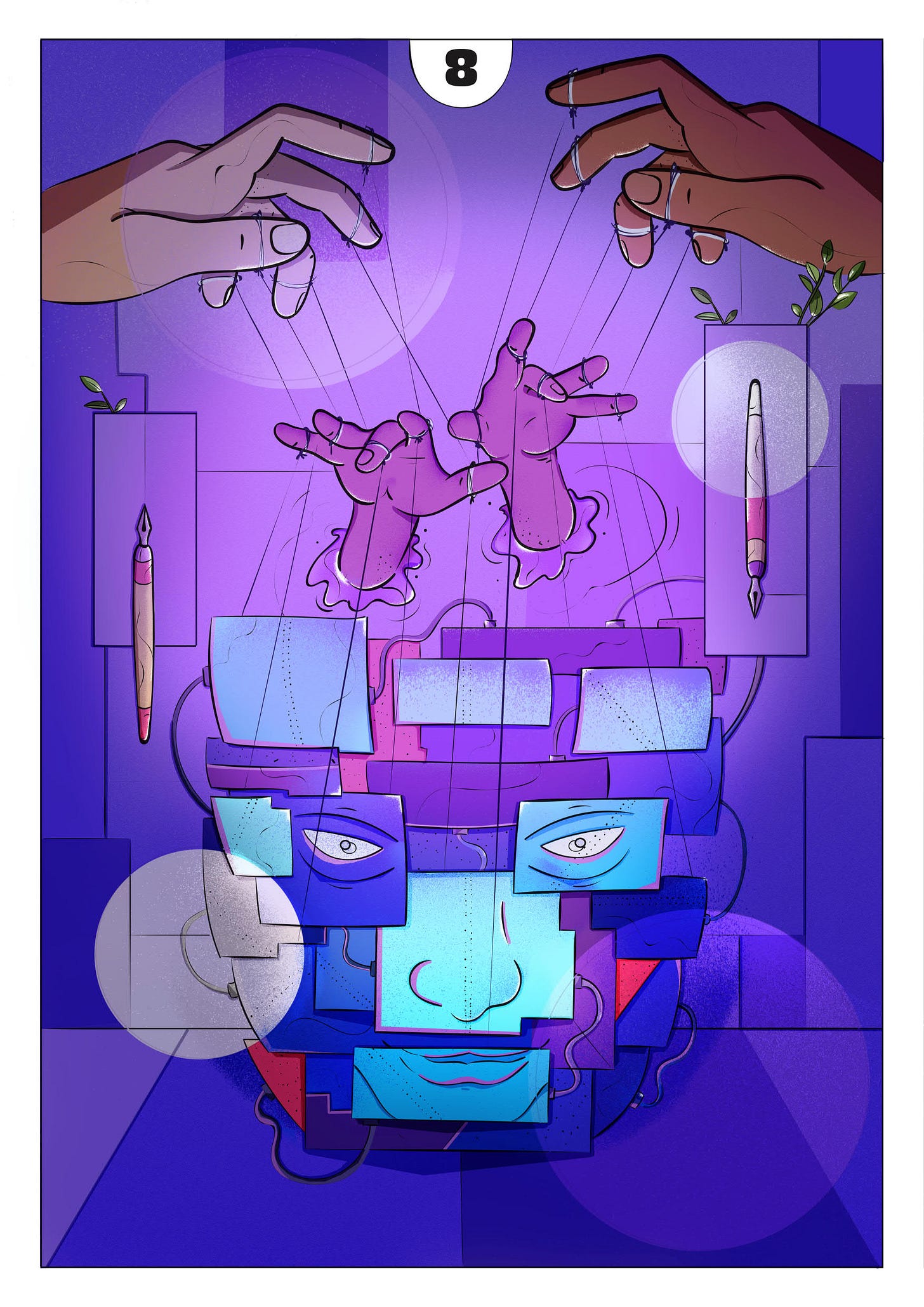 ‘Characterisation’ - Illustration by Carol Michelon for Master the Art and Craft of Writing by Leon Conrad with a puppeteer manipulating another puppeteer's hands manipulating different aspects of a character's face and mind. To the side, pens poised vertically pointing upwards and downwards against a predominantly purple background of rectangles and squares ‘Characterisation’ - Illustration by Carol Michelon for Master the Art and Craft of Writing by Leon Conrad with a puppeteer manipulating another puppeteer's hands manipulating different aspects of a character's face and mind. To the side, pens poised vertically pointing upwards and downwards against a predominantly purple background of rectangles and squares