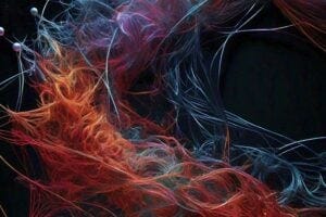 An AI-generated image showing a visual representation of quantum entanglement, with colorful, intertwined threads or particles on a dark background, symbolizing the complex connections and transformations described in the article.