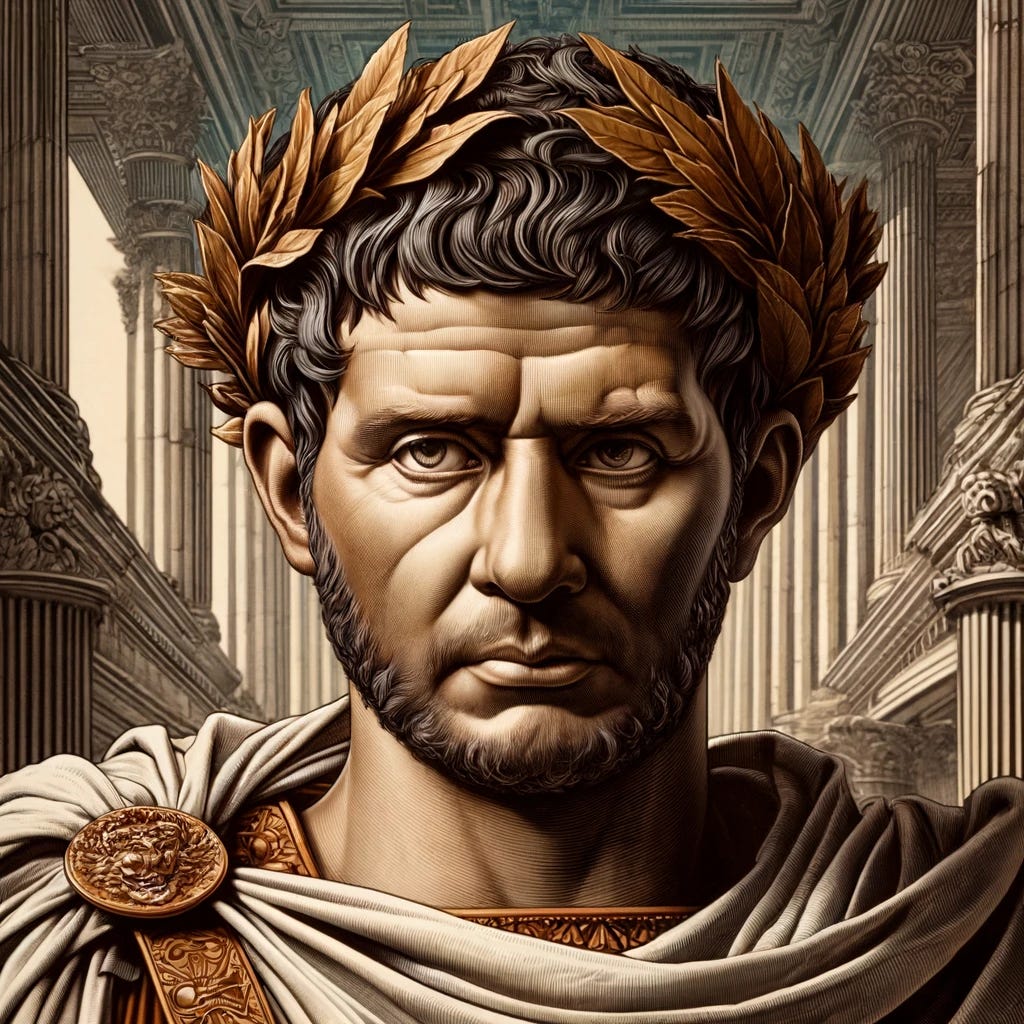 A detailed portrait of Roman Emperor Septimius Severus. He is depicted wearing traditional Roman imperial attire, including a toga and a laurel wreath on his head. His expression is stern and authoritative, showcasing his strong leadership. The background includes elements of ancient Rome, such as columns and architecture. The overall style is realistic and historical, capturing the grandeur and power of his reign.