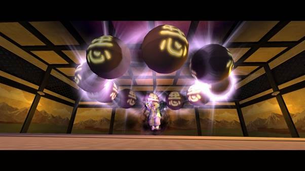 A video game screen with a person standing in front of a black and yellow ball

AI-generated content may be incorrect.