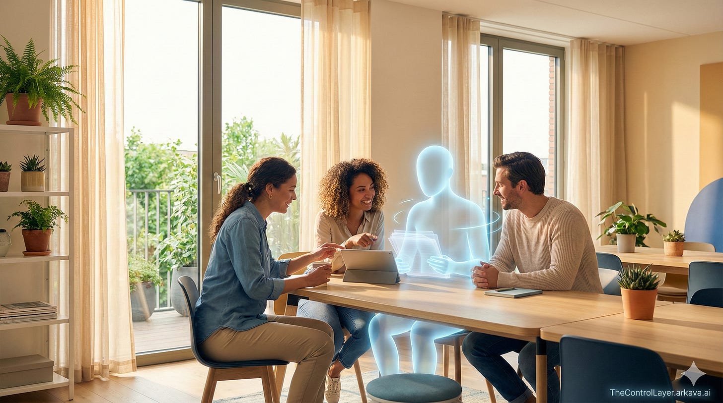 A translucent AI figure working alongside humans at a bright, modern shared workspace table.