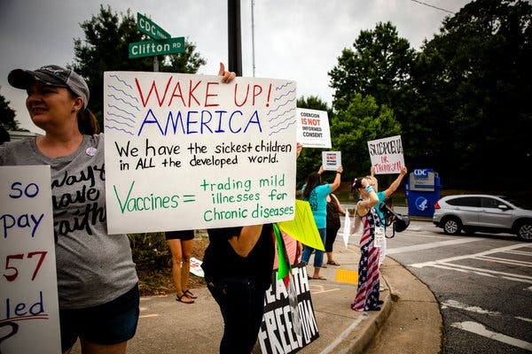 Anti-vaccine demonstrators outside the Centers for Disease Control and Prevention in Atlanta in June. Anti-vaccine demonstrators outside the Centers for Disease Control and Prevention in Atlanta in June.